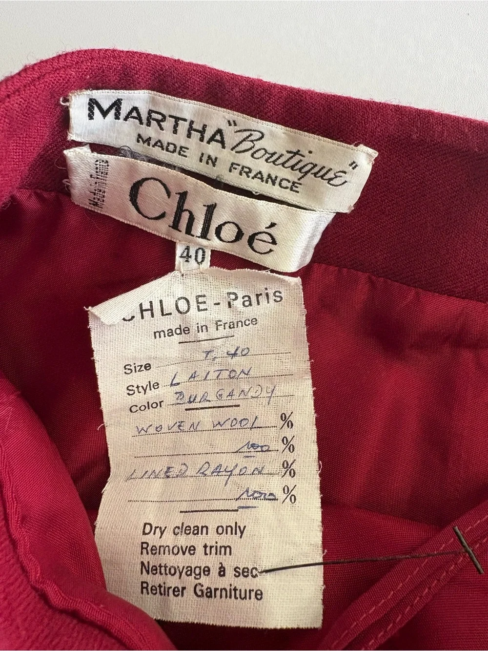 Vintage Chloé Martha Boutique Burgundy Wool Midi Skirt Made in France Size 40